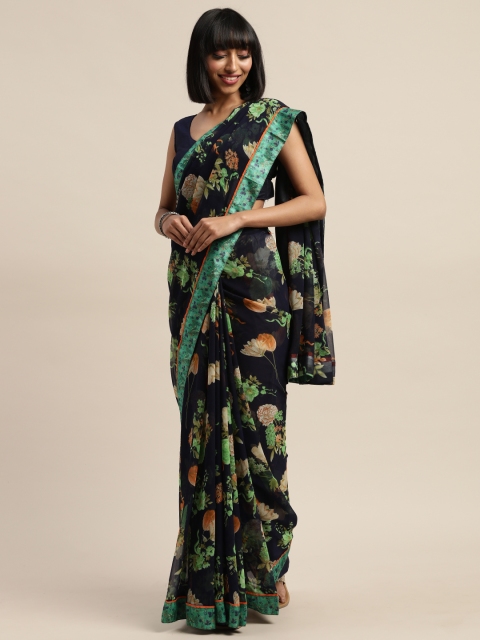 

Mitera Navy Blue Printed Poly Georgette Saree