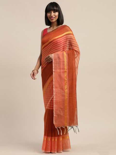 

KALINI Orange Striped Art Silk Saree