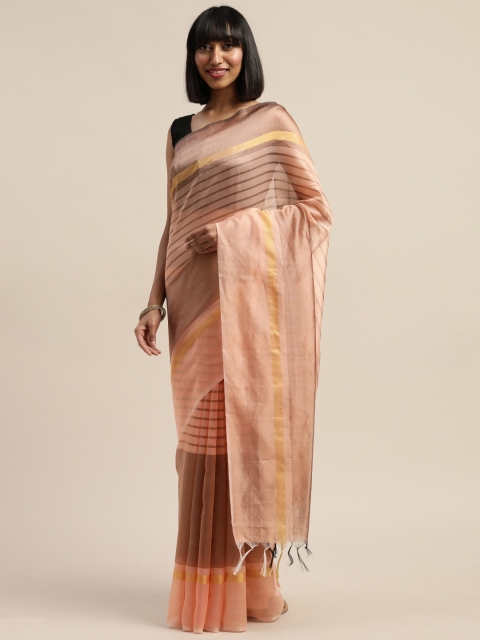 

KALINI Peach-Coloured & Gold-Toned Art Silk Striped Kanjeevaram Saree
