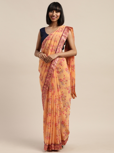 

Mitera Peach-Coloured & Red Poly Georgette Floral Printed Saree