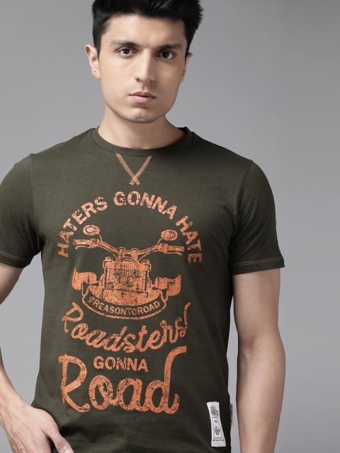 

Roadster Men Olive Green Orange Printed Round Neck Pure Cotton T-shirt