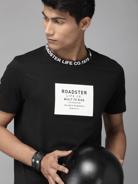 

Roadster Men Black & White Brand Logo Print Round Neck Pure Cotton T-shirt