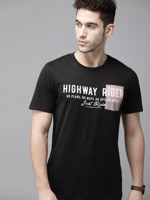 

Roadster Men Black Pure Cotton Printed Round Neck T-shirt