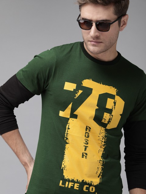 

Roadster Men Olive Green Printed Round Neck T-shirt