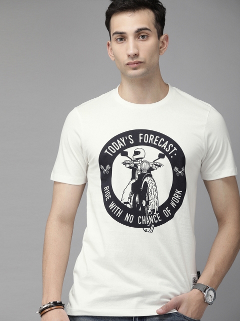 

Roadster Men White Printed Round Neck T-shirt