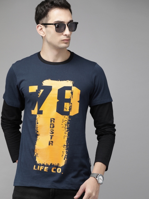 

Roadster Men Navy Blue Printed Round Neck T-shirt