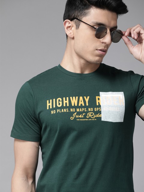 

Roadster Men Green & Yellow Printed Cotton Round Neck T-shirt