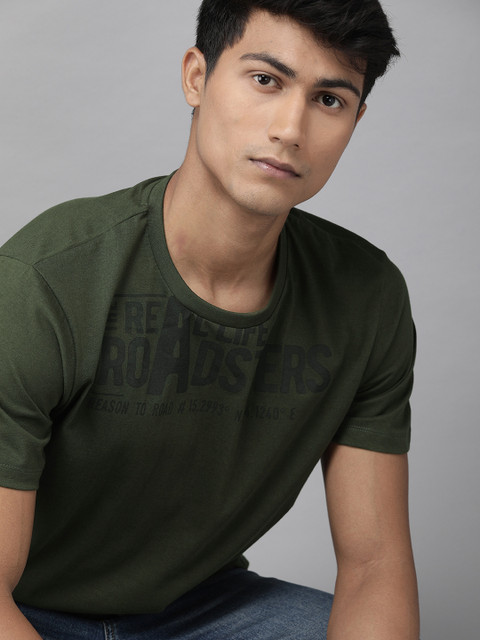 

Roadster Men Olive Green Brand Logo Printed Round Neck Pure Cotton T-shirt