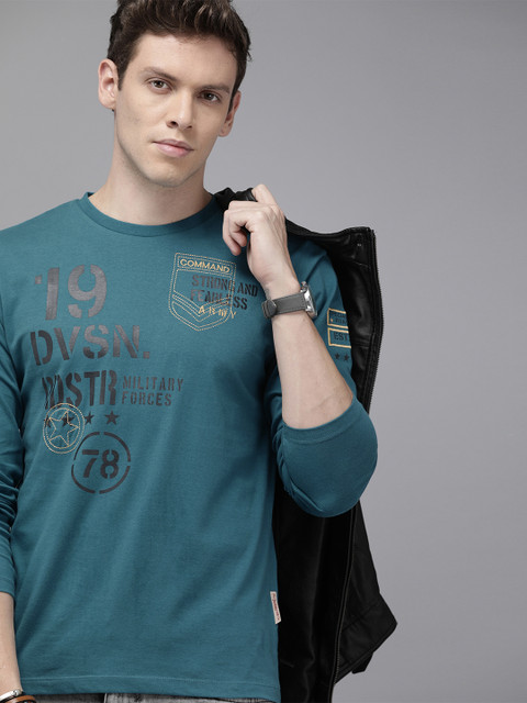 

Roadster Men Teal Blue Printed Round Neck Pure Cotton T-shirt