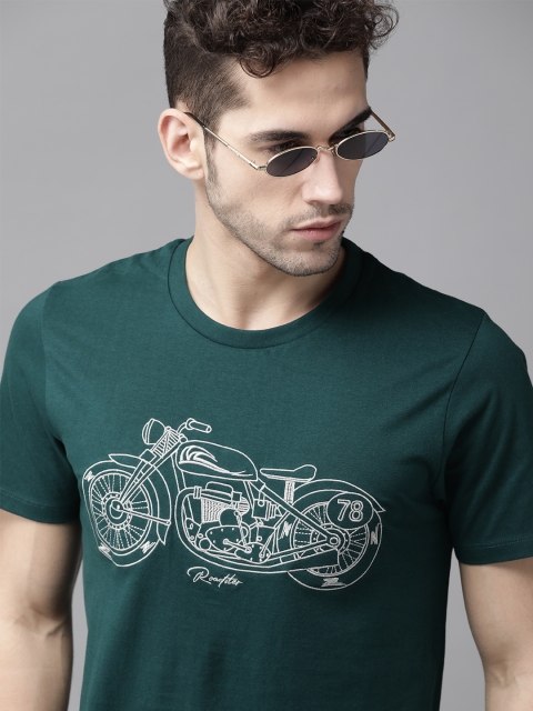 

Roadster Men Teal Green & White Pure Cotton Printed Round Neck T-shirt