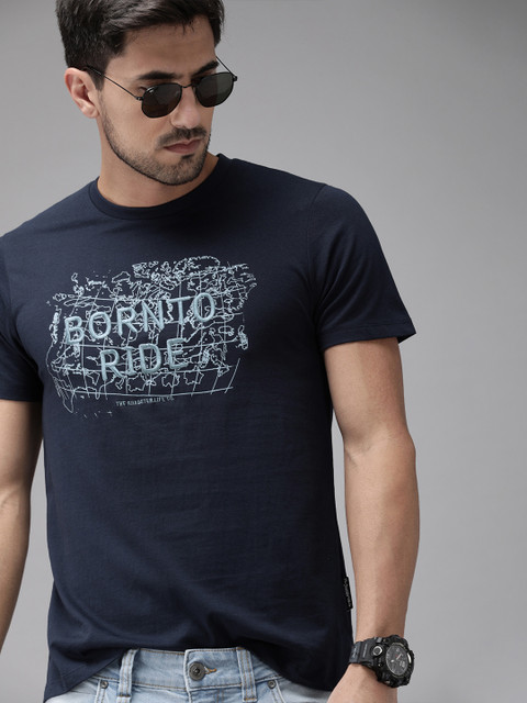 

Roadster Men Navy Blue Printed Round Neck T-shirt