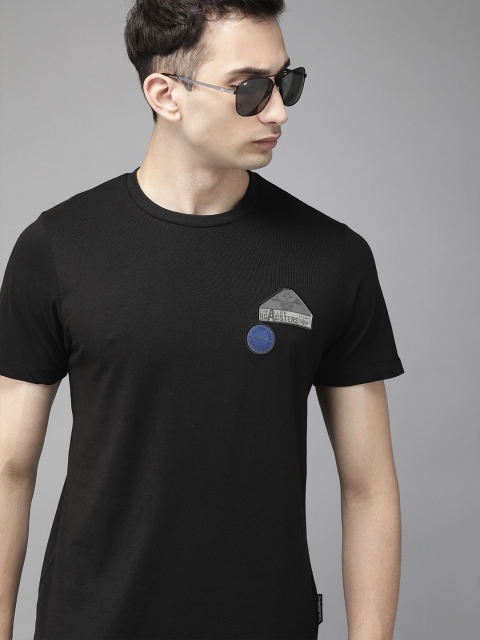 

Roadster Men Black Solid Round Neck Pure Cotton T-shirt with Applique Detail
