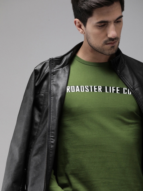 

Roadster Men Olive Green Printed Round Neck T-shirt