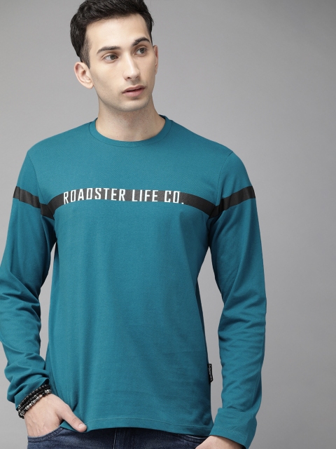 

Roadster Men Teal Blue & White Brand Logo Print Detail Round Neck Pure Cotton T-shirt