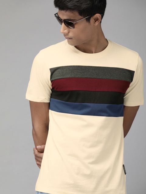 

Roadster Men Cream-Coloured Colourblocked Round Neck Pure Cotton T-shirt