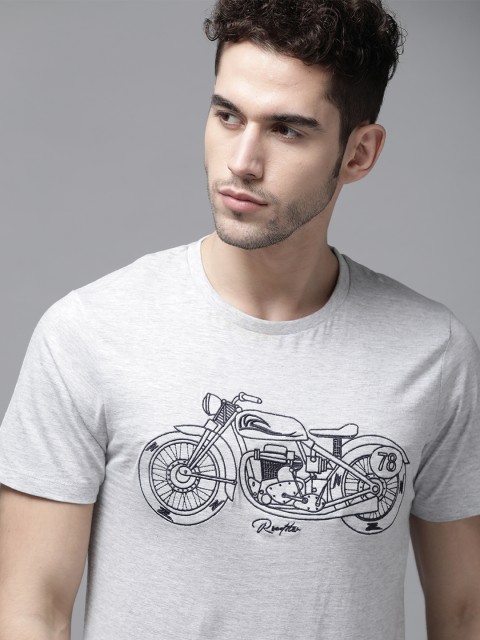 

Roadster Men Grey Melange & Black Printed Pure Cotton Round Neck T-shirt