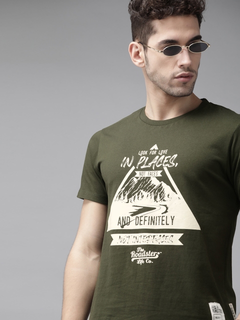 

Roadster Men Olive Green & Off-White Printed Round Neck T-shirt