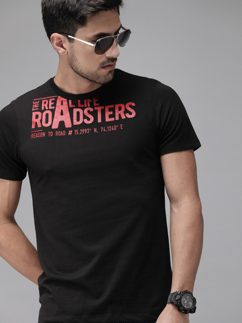 

Roadster Men Black Printed Round Neck Pure Cotton T-shirt