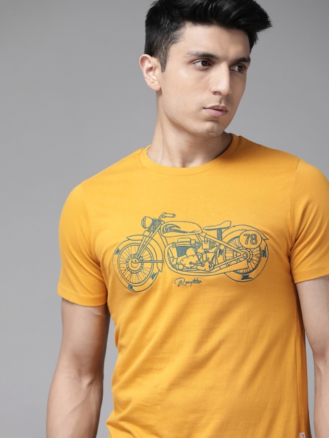 

Roadster Men Mustard Yellow Biker Embroidered Round Neck T-shirt