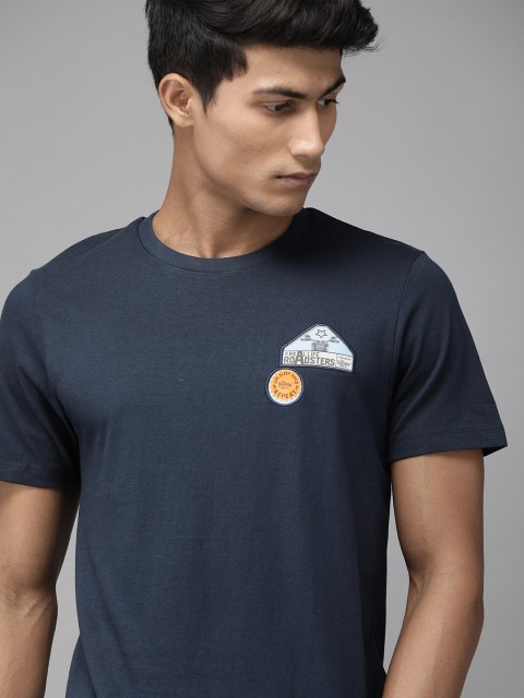 

Roadster Men Navy Blue Solid Pure Cotton T-shirt with Brand Logo Applique Detail