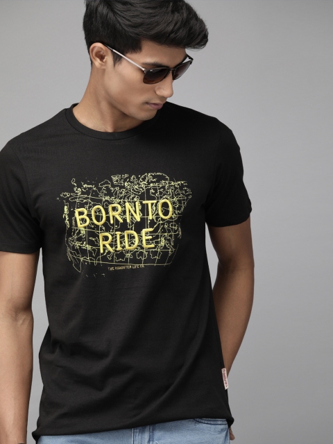 

Roadster Men Black & Yellow Printed & Embroidered Round Neck Pure Cotton T-shirt