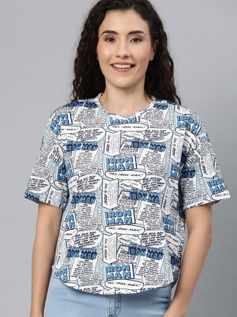 

Van Heusen Woman White Blue Printed Round Neck Pure Cotton T-shirt