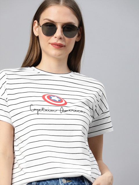 

Van Heusen Woman White & Black Striped Round Neck T-shirt