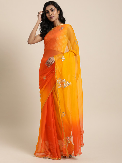 

Geroo Jaipur Yellow & Orange Gota Patti Hand Embroidered Pure Chiffon Sustainable Saree