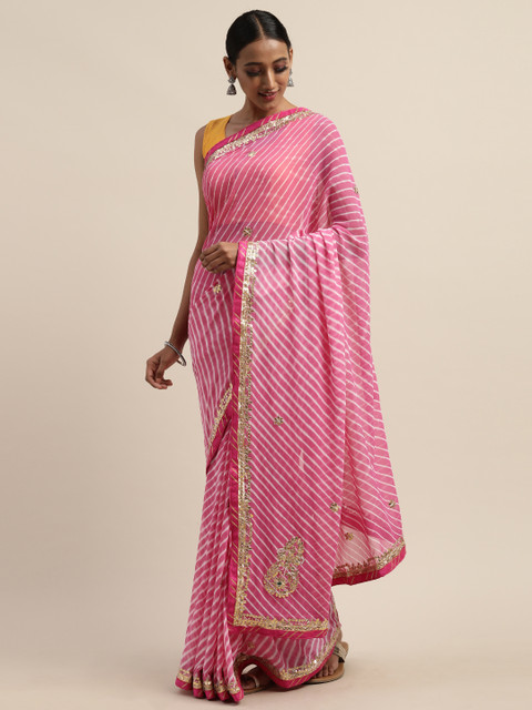 

Geroo Jaipur Hand Dyed Pink Leheriya Pure Georgette Saree
