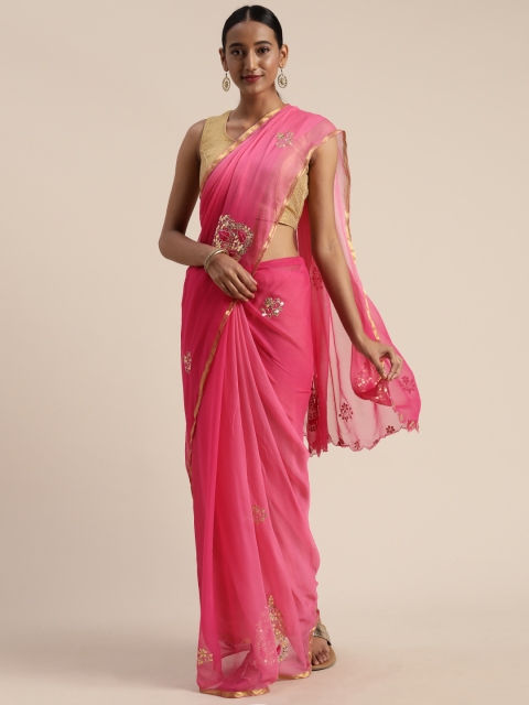 

Geroo Jaipur Pink Gota Patti Hand Embroidered Pure Chiffon Saree, Fuchsia