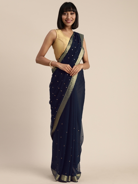 

Geroo Jaipur Blue Gota Patti Hand Embroidered Pure Chiffon Sustainable Saree, Navy blue