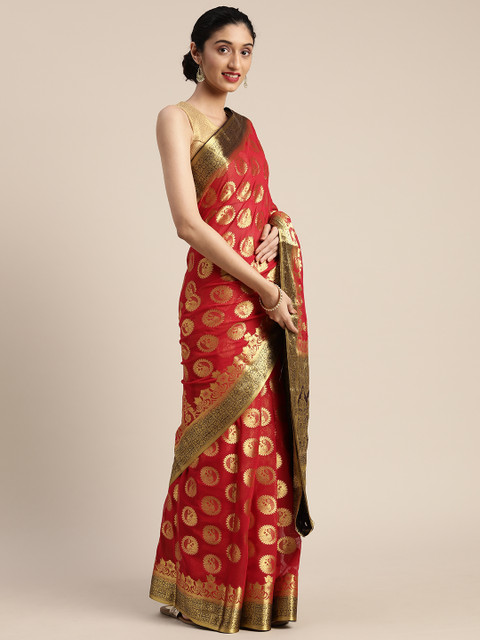 

MIMOSA Red & Gold-Toned Poly Chiffon Woven Design Banarasi Saree