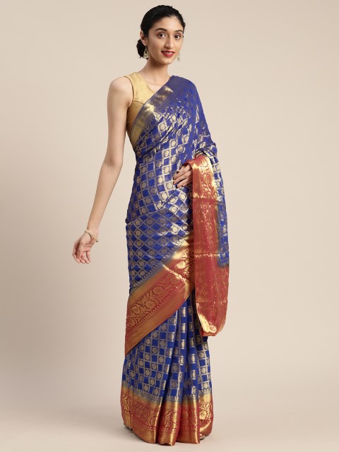 

MIMOSA Blue & Gold-Toned Poly Chiffon Woven Design Banarasi Saree