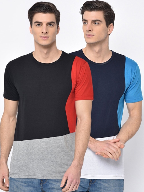

VIMAL JONNEY Men Pack of 2 Colourblocked Round Neck T-shirts, Black