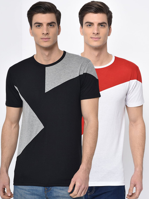 

VIMAL JONNEY Men Pack of 2 Colourblocked Round Neck T-shirt, White