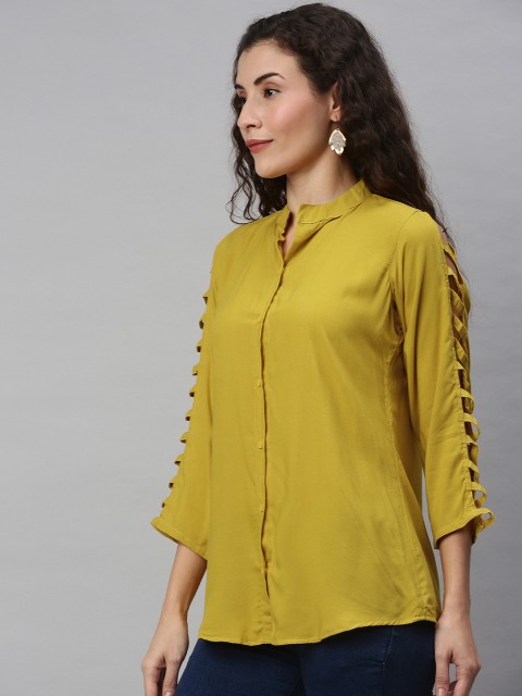 

VENISA Women Mustard Yellow Solid Shirt Style Top with Cut-Outs
