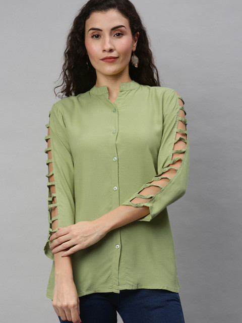

VENISA Women Olive Green Solid Shirt Style Top with Cut Out Detail