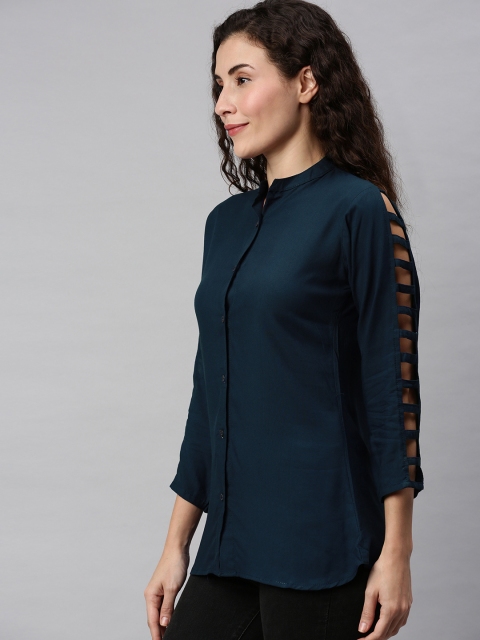 

VENISA Women Turquoise Blue Solid Shirt Style Top with Cut Out Detail