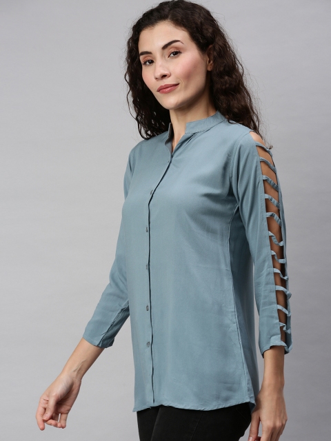 

VENISA Women Blue Solid Shirt Style Top with cut Out Detail