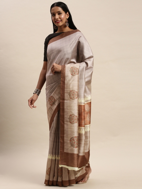 

Mitera Off-White & Brown Art Silk Checked Banarasi Saree