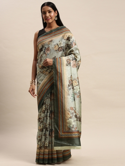 

Mitera Off-White & Black Art Silk Floral Printed Banarasi Saree