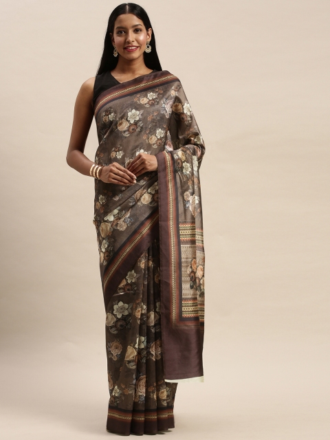 

Mitera Charcoal Grey & Beige Art Silk Floral Printed Banarasi Saree