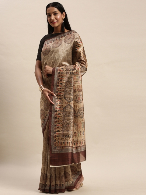 

Mitera Beige & Brown Art Silk Printed Banarasi Saree