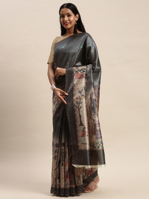 

Mitera Grey Art Silk Conversational Printed Banarasi Saree