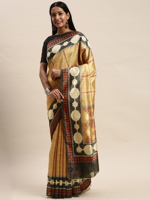 

Mitera Yellow & Off White Art Silk Striped Banarasi Saree