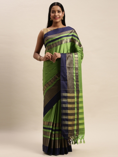 

Mitera Lime Green & Navy Blue Art Silk Solid Kanjeevaram Saree