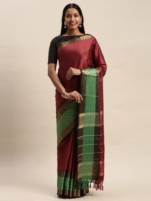 

Mitera Maroon & Green Art Silk Solid Kanjeevaram Saree