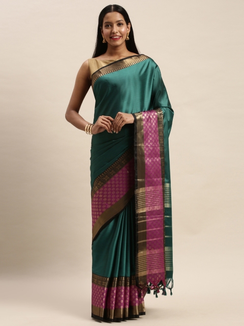

Mitera Teal Green & Pink Art Silk Solid Kanjeevaram Saree