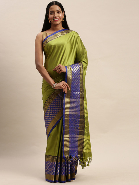 

Mitera Lime Green Art Silk Solid Kanjeevaram Saree