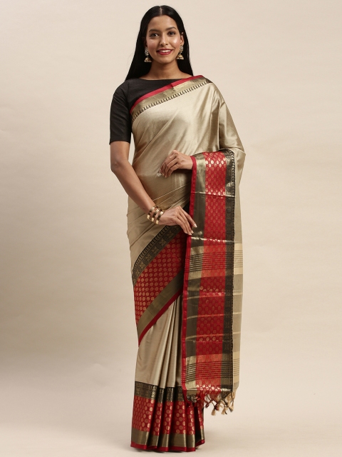 

Mitera Cream-Coloured & Red Art Silk Solid Kanjeevaram Saree